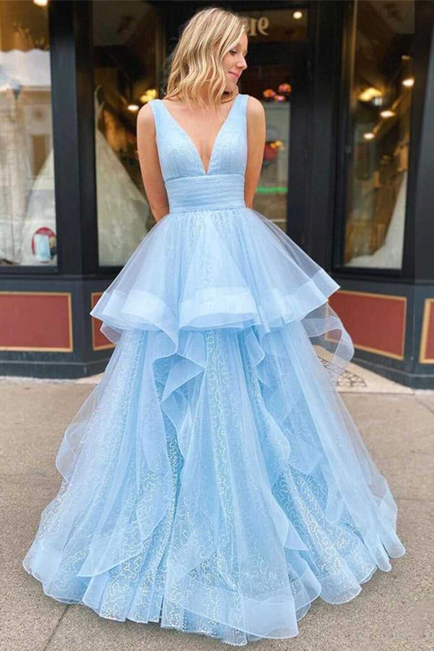 Shiny V Neck and V Back Light Blue Tulle Long Prom Dresses, Puffy ...