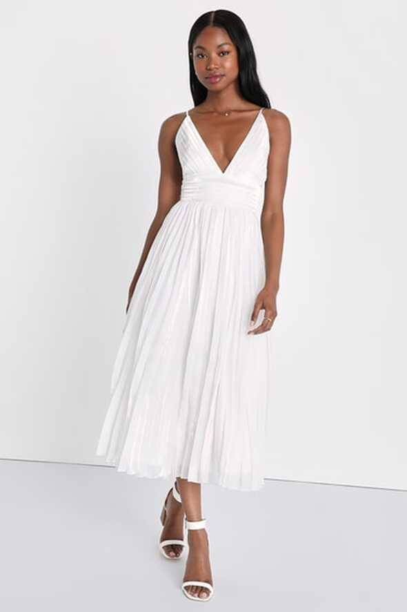 Shiny White Dress - Pleated Midi Dress - Organza Dress - Lulus