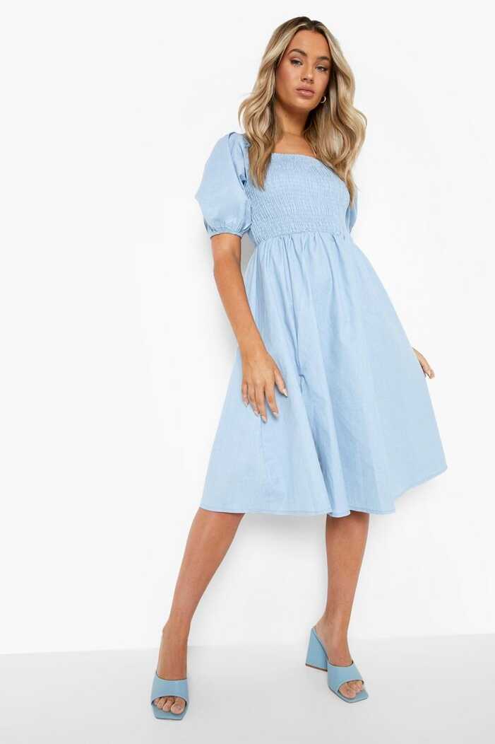 Shirred Split Hem Chambray Midi Dress | boohoo DK