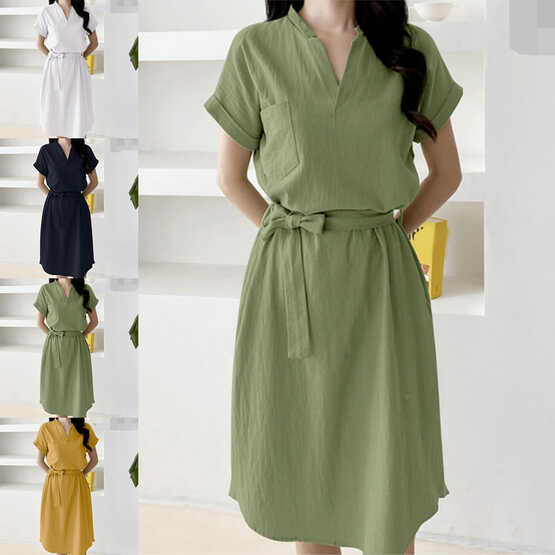 Shirt Dress Solid Color V Neck Knee Length Short Sleeve Belt Women ...