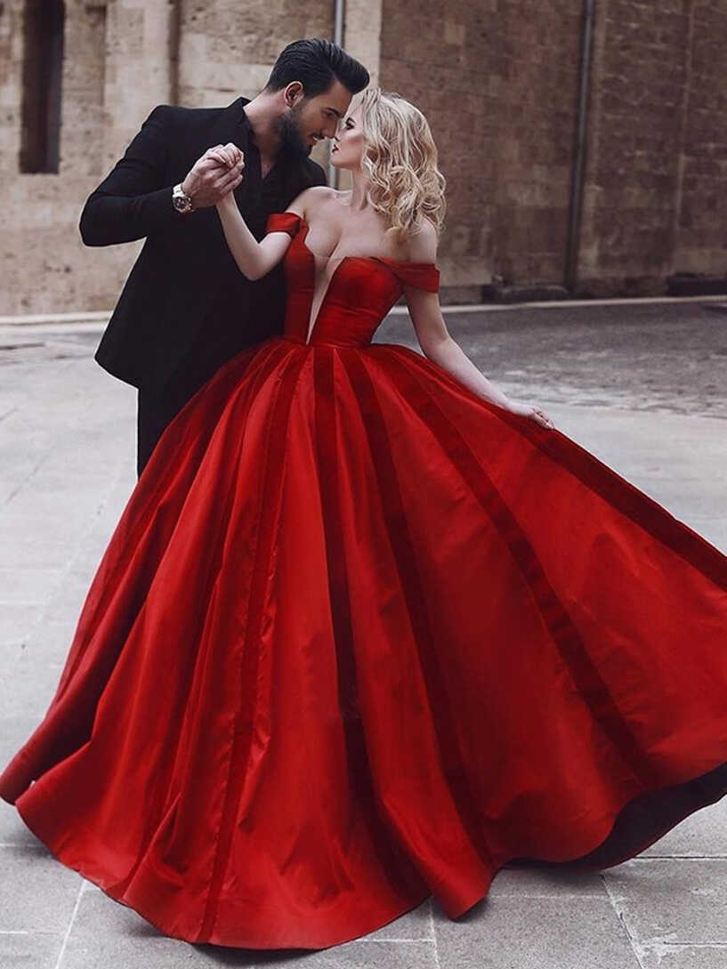 Shop 2019 Ball Gown Dark Red Off-the-Shoulder Ruffles Satin Prom Dress