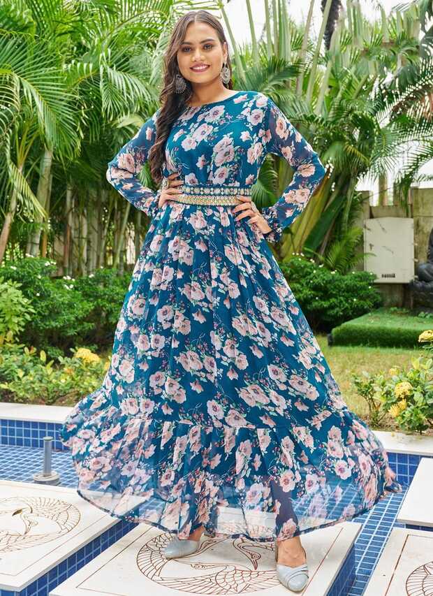 Shop Blue Printed Georgette Designer Gown Online : 269411 -