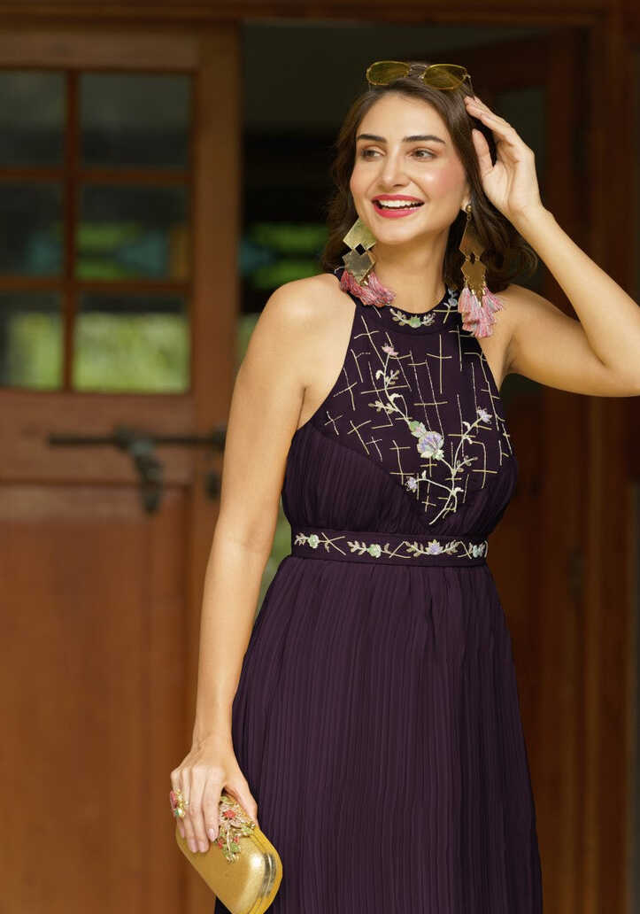 Shop For Party Wear Purple Halter Neck Western One Piece Dress ...