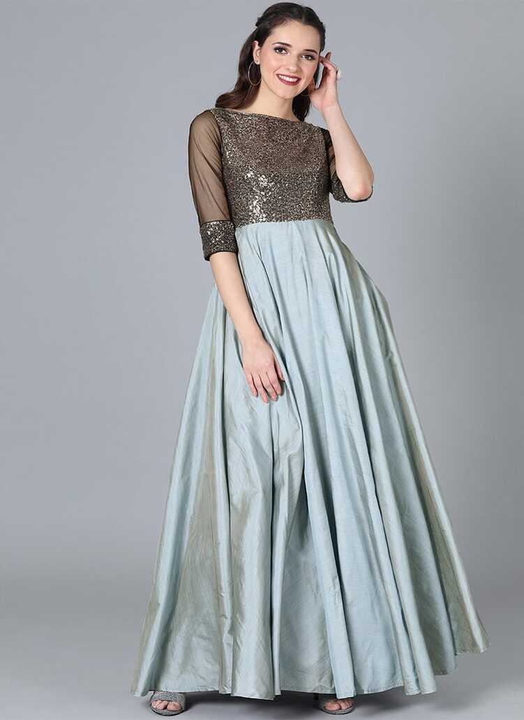 Shop Grey Classic Full Flared Boat Neck Style Gown Festive Wear ...