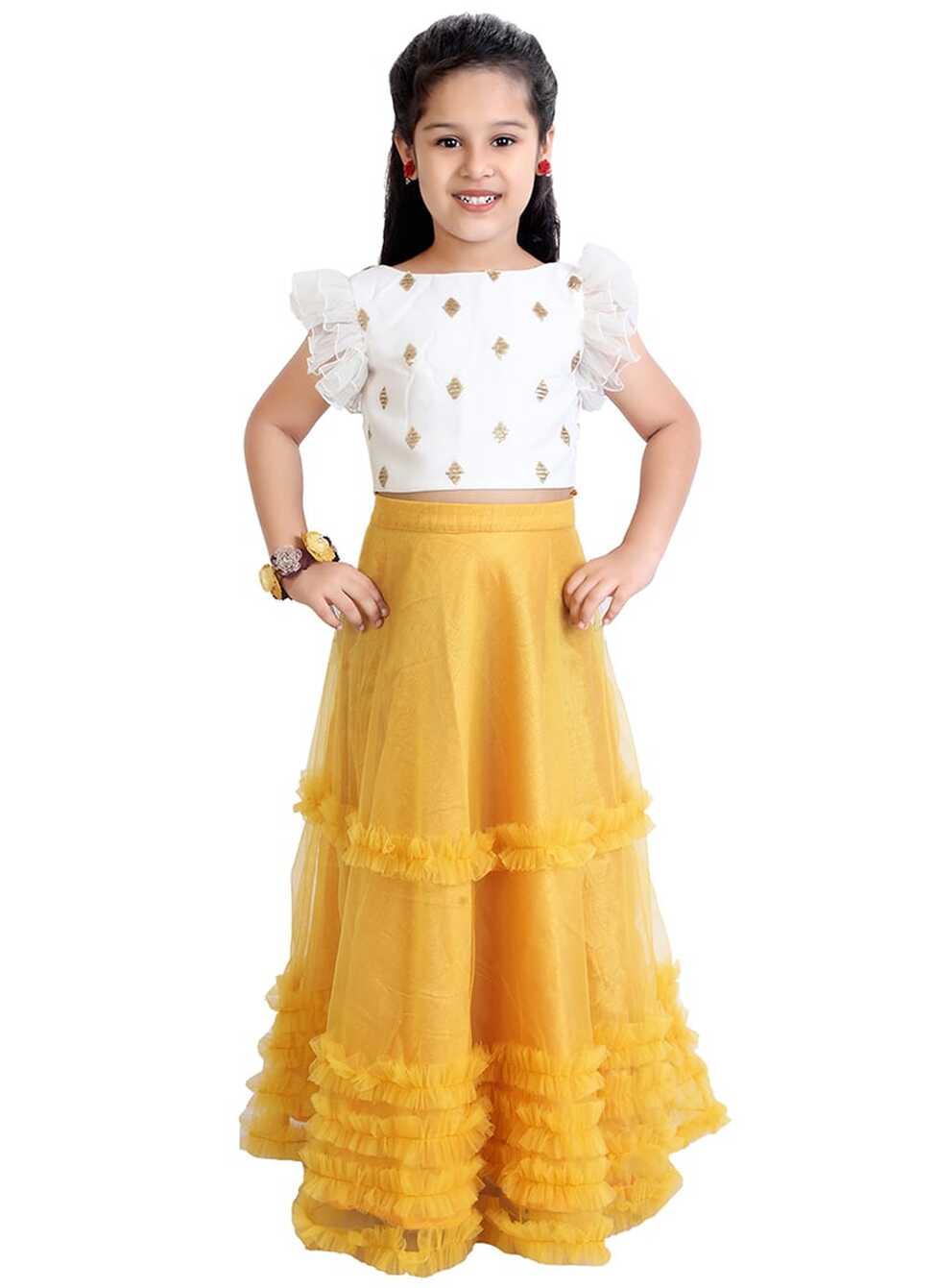 Shop Kids Girls Mustard N White Embroidered Skirt Set Festive Wear ...