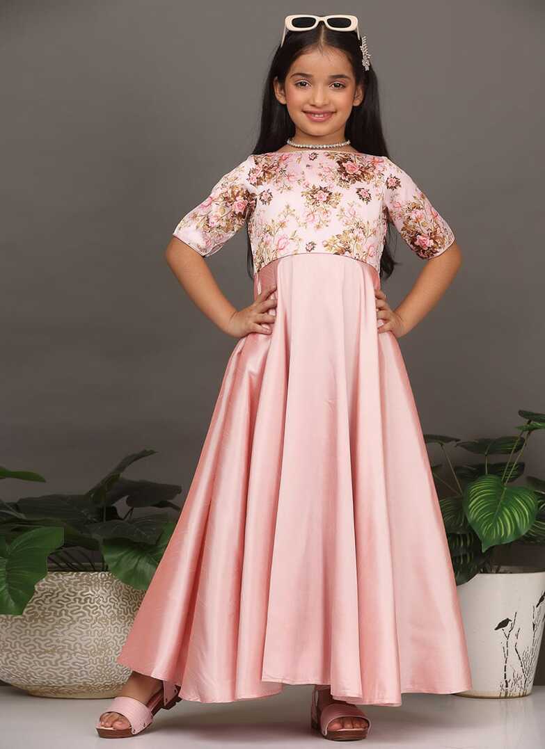 Shop Kids Girls Pink Digital Printed Cotton Silk Gown After Six ...