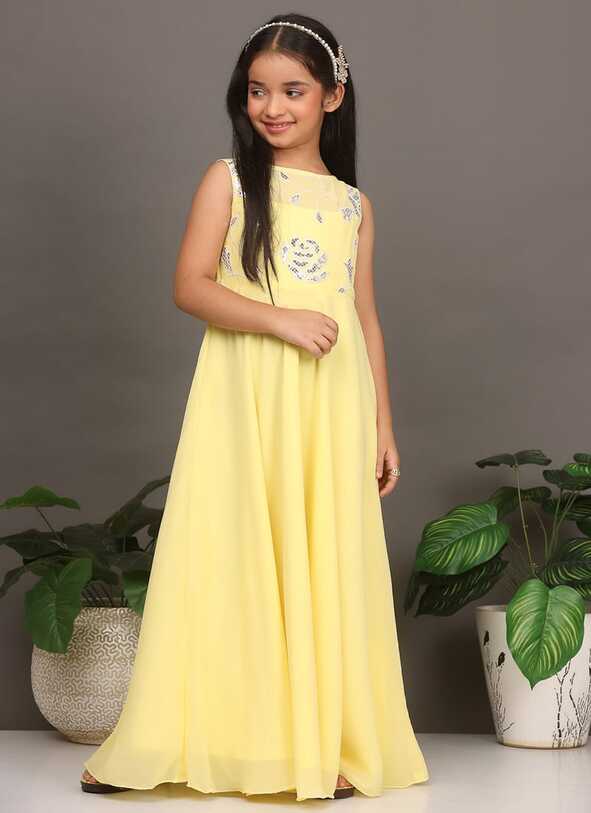 Shop Kids Girls Yellow Georgette Embroidered Boat Neck Gown Party ...