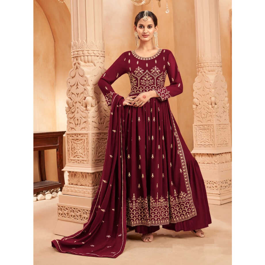 Shop Maroon Faux Georgette Embroidered Naira Cut Palazzo Suit ...