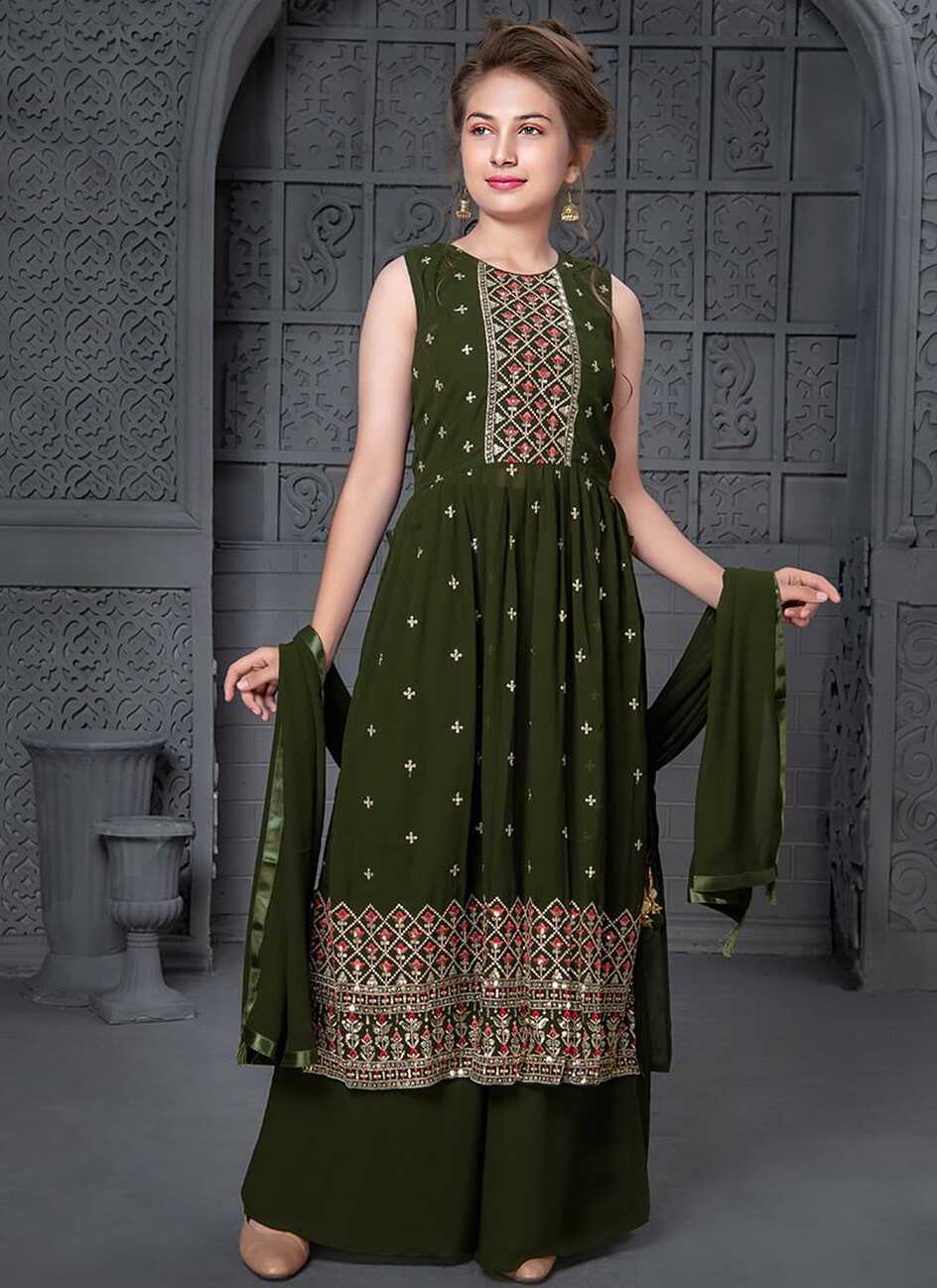 Shop Mehndi Green Georgette Embroidery Palazzo Suit Online at Best ...