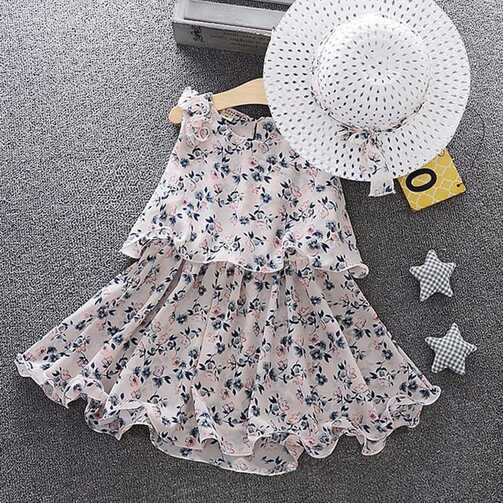 Shop Online Girls Cream Sleeveless Floral Print Casual Dress with ...