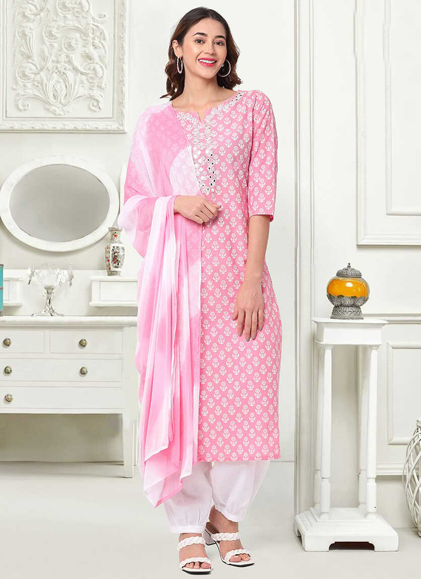 Shop Pink N White Cotton Printed Semi Palazzo Suit Work Wear ...