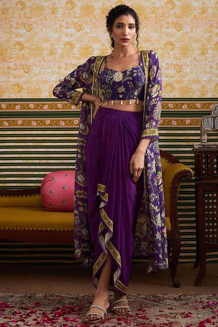 Shop Purple Mehr Printed Bustier &amp; Skirt with Jacket Set by SOUP ...