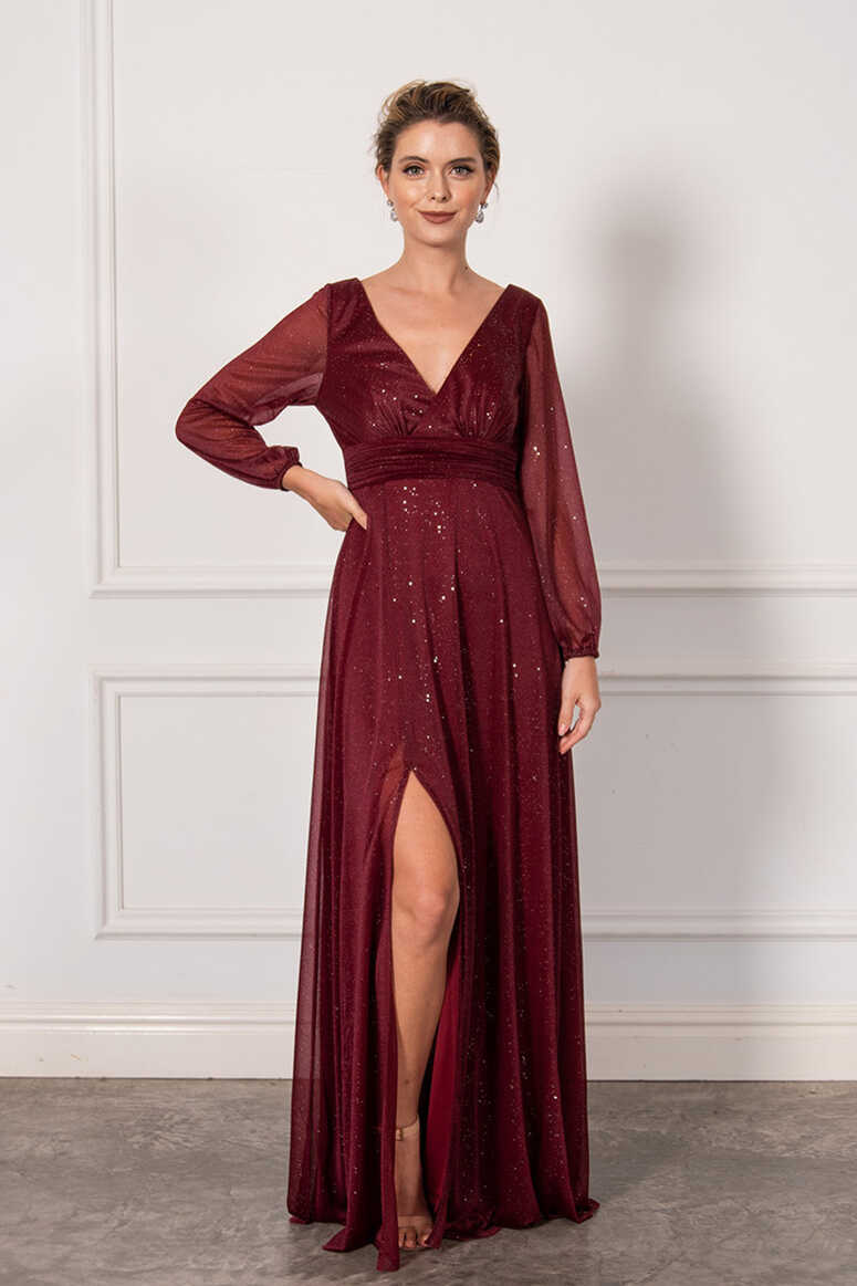 Shop Stella Long Sleeved Sparkly Split Formal Dress in Burgundy ...