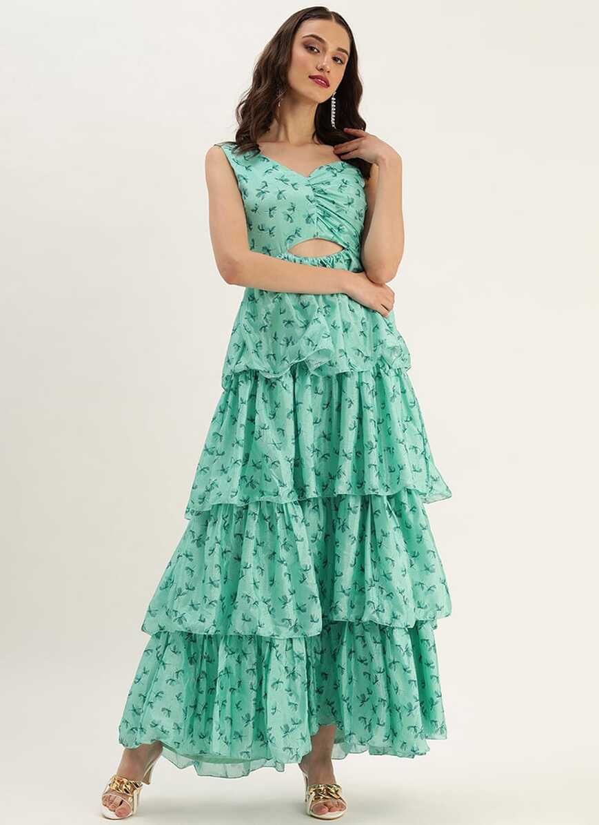 Shop Teen Girls Green Chinon Digital Printed Layered Gown Party ...