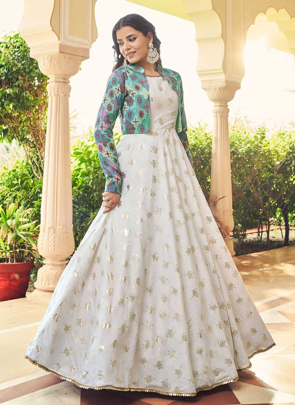 Shop White Sequins Embroidery Work Party Wear Gown Design – Gunj ...