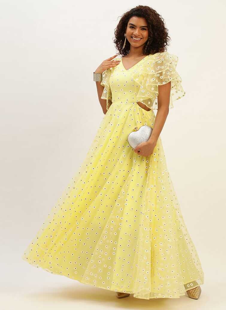 Shop Yellow Foil Printed Net Gown Wedding Wear Online at Best ...