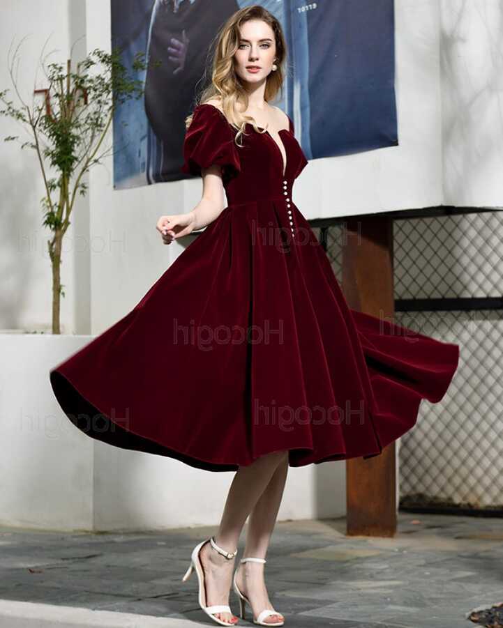 Shop deep v-neck burgundy velvet knee length formal dress with ...