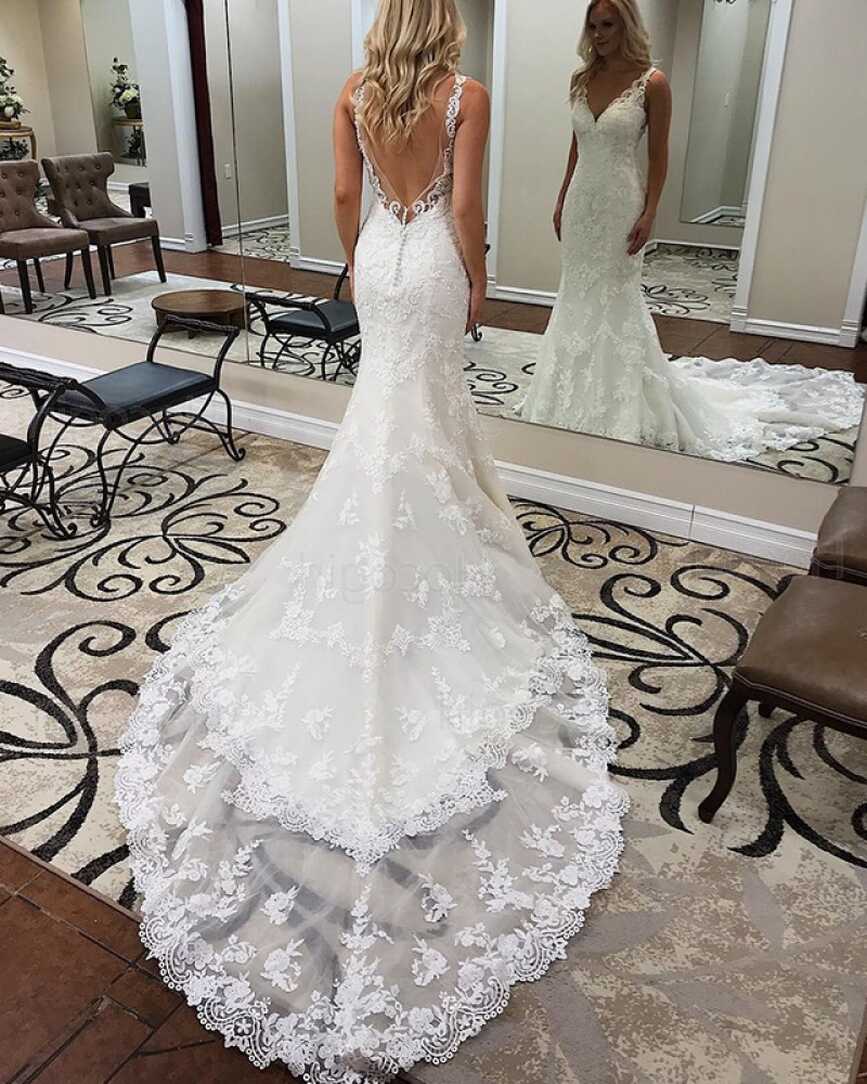 Shop elegant v-neck lace appliqued mermaid white wedding dress ...