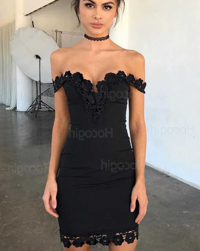 Shop off the shoulder tight black lace appliqued graduation dress ...