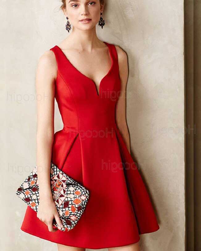 Shop simple elegant square neck red cutout satin short formal ...