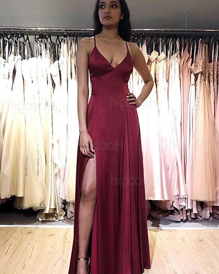 Shop simple spaghetti straps burgundy satin prom dress with side ...