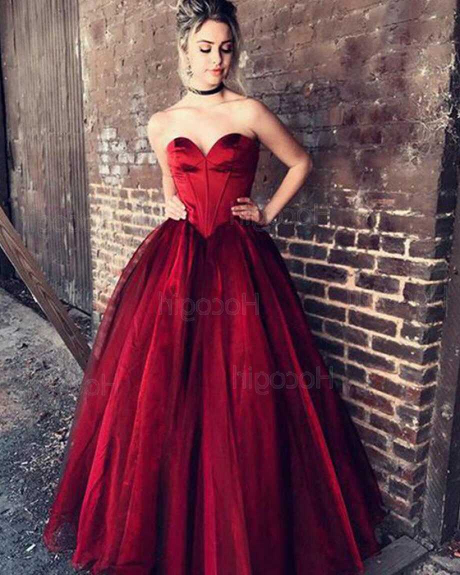 Shop sweetheart satin red ball gown prom dress from Hocogirl.com