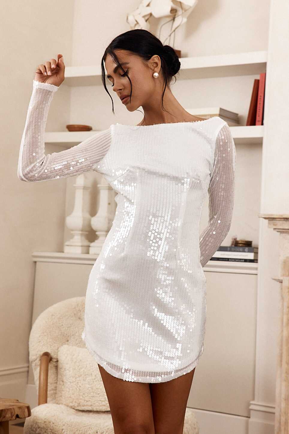 Shop the Karma Long Sleeve Keyhole Back Sequin Dress White ...