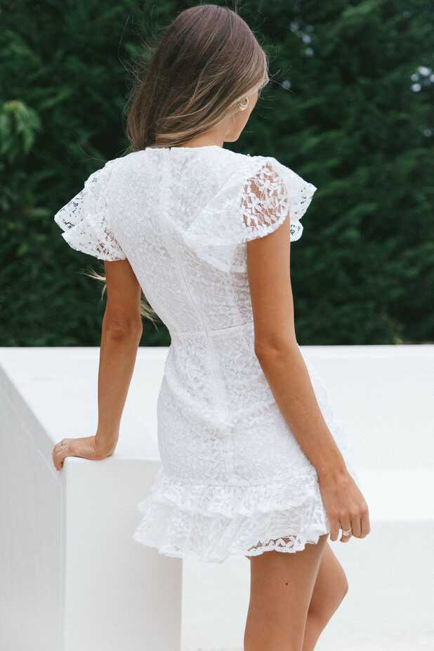 Shop the Lark Crew Neck Ruffle Sleeve Dress Lace Overlay White ...