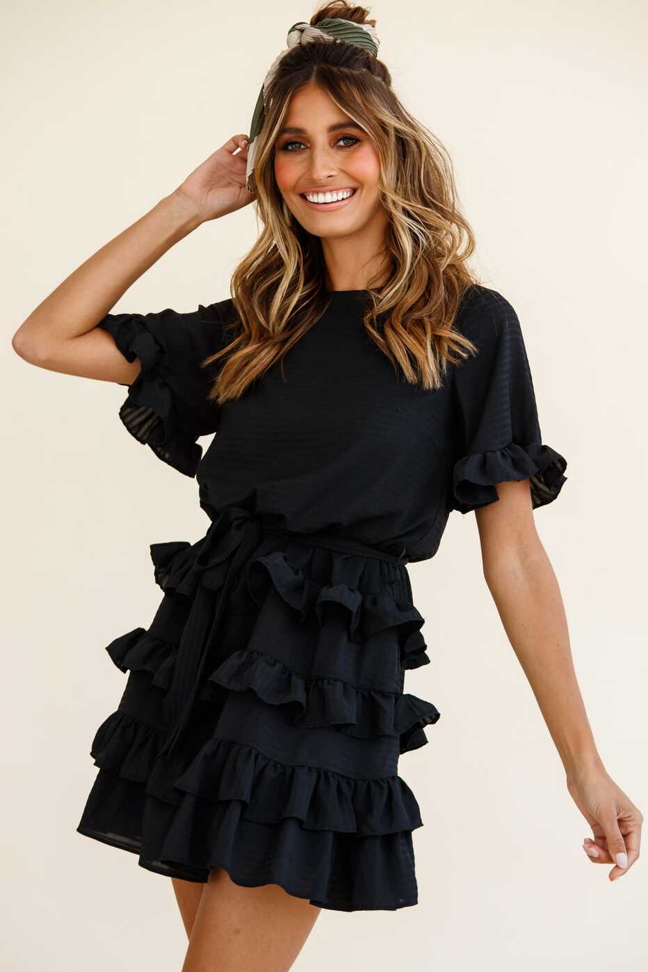 Shop the Zipporah Short Sleeve Layered Ruffle Dress Black | Selfie ...