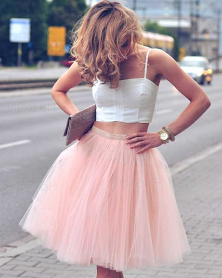 Shop two piece square white and pink short party dress with tulle ...