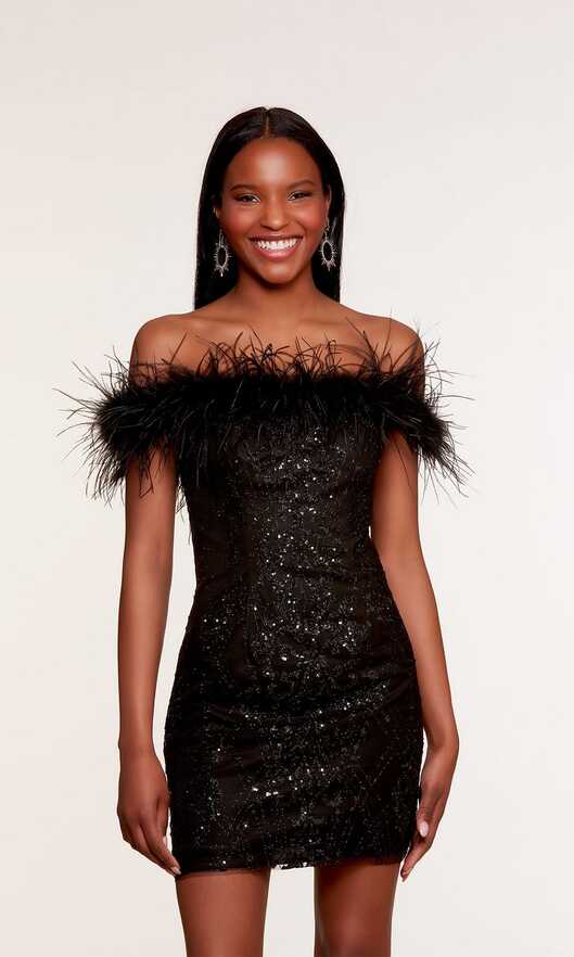 Short Black Glitter Feather Homecoming Dress -PromGirl