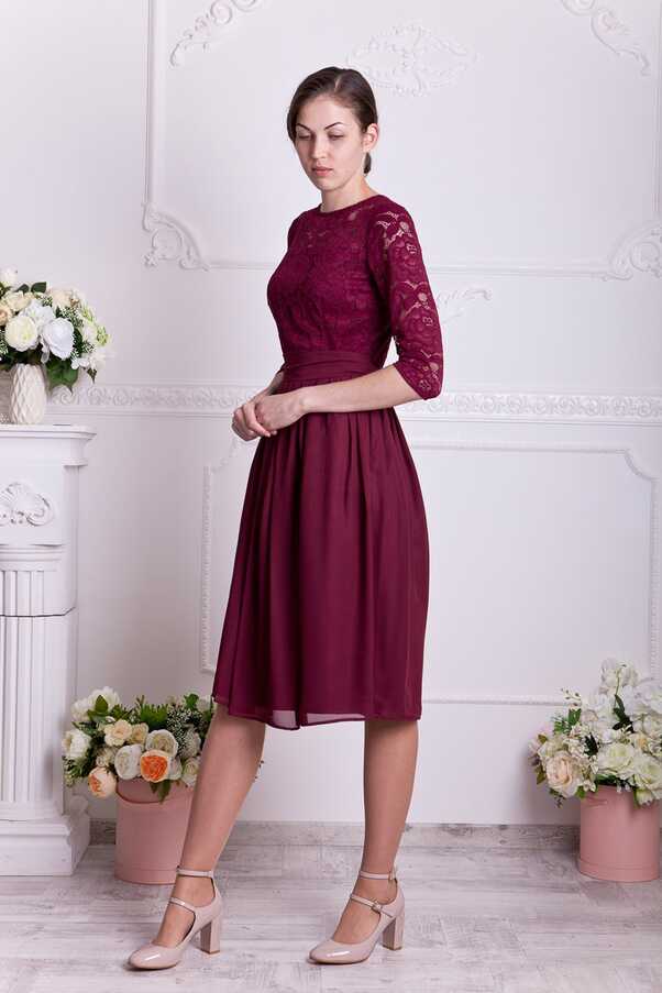 Short Burgundy Dress With Sleeves. Bridesmaid Lace Dress Knee ...