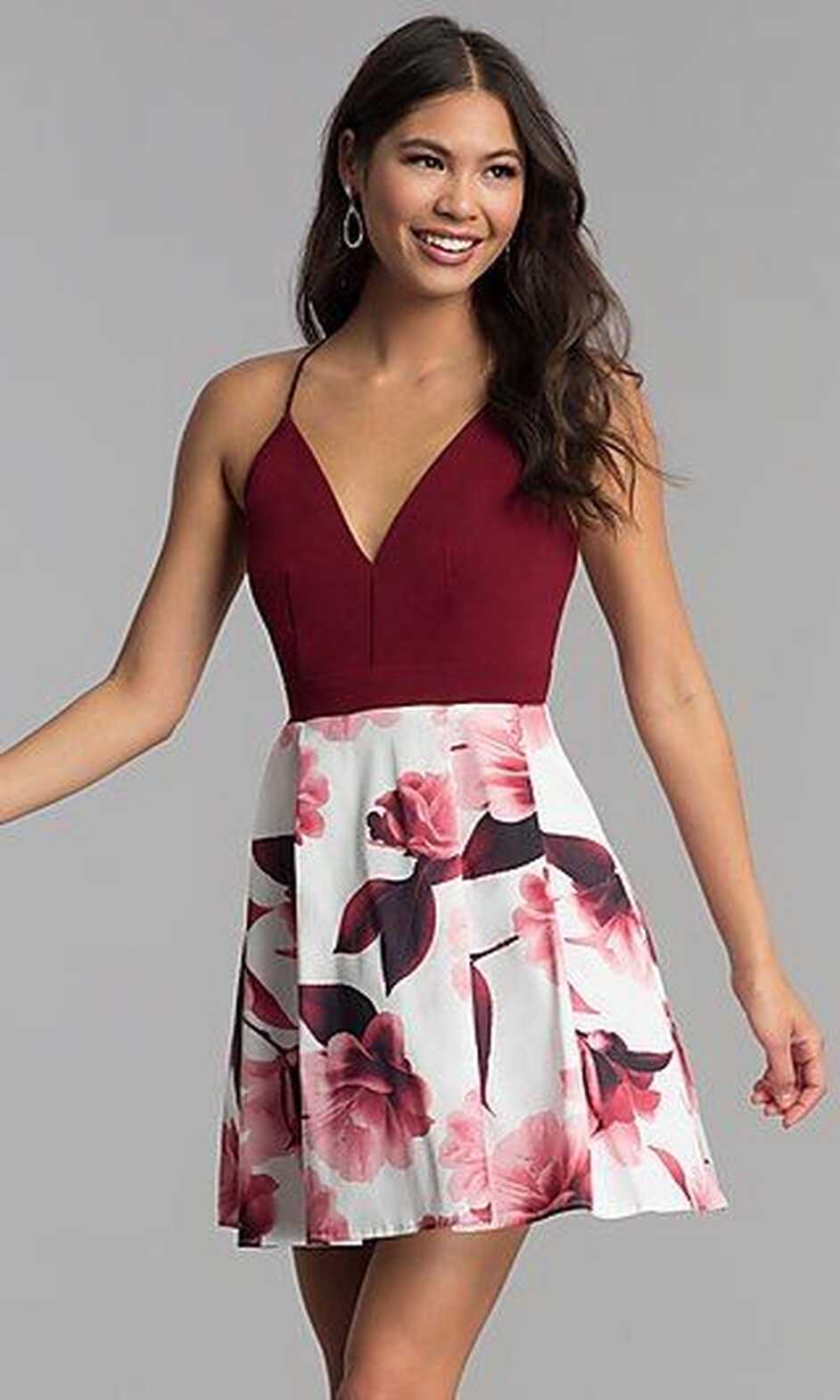 Short Burgundy Hoco Dress with Floral-Print Skirt | Red homecoming ...