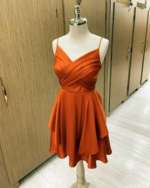 Short Burnt Orange Satin Cocktail Dresses V-neck Semi Formal Dress ...