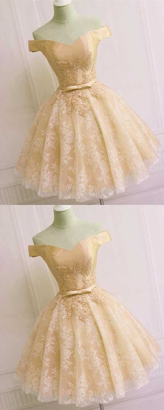 Short Champagne Lace Homecoming Dresses Off The Shoulder M7718 ...