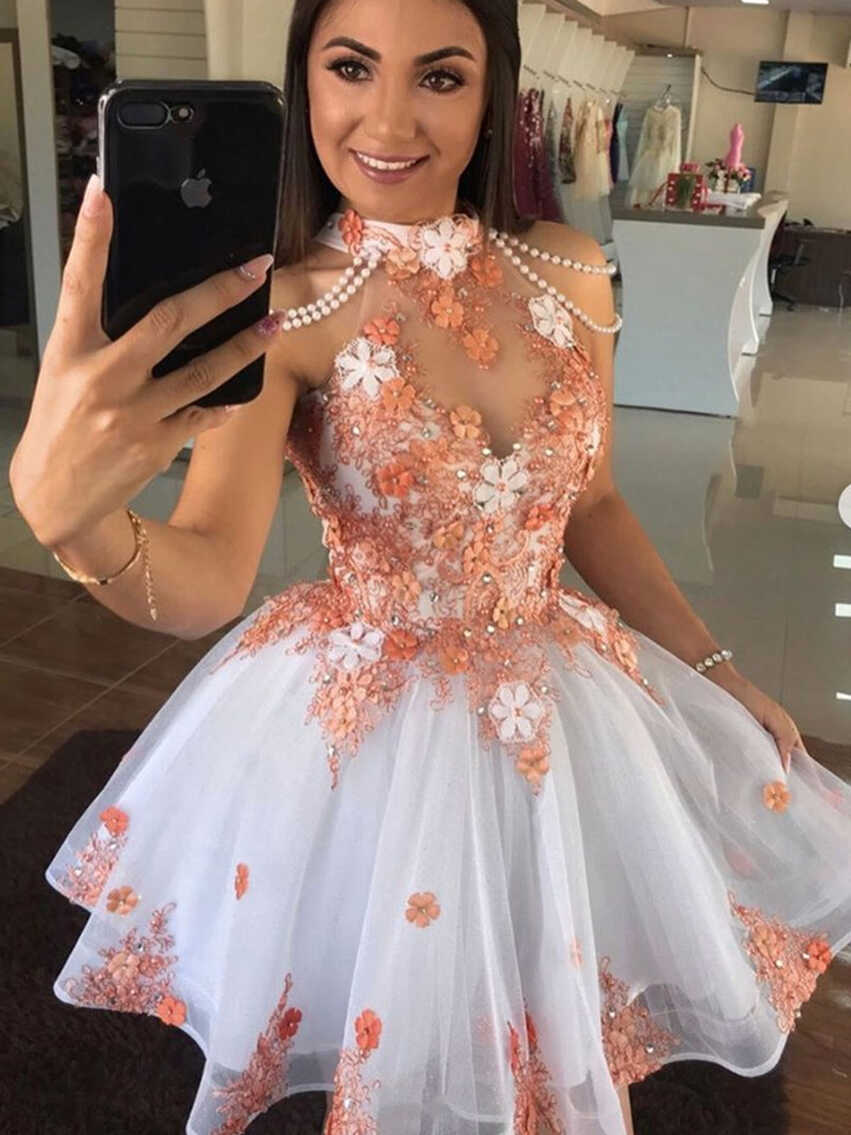 Short Floral Lace Beaded Prom Dresses, White Orange Short Lace ...