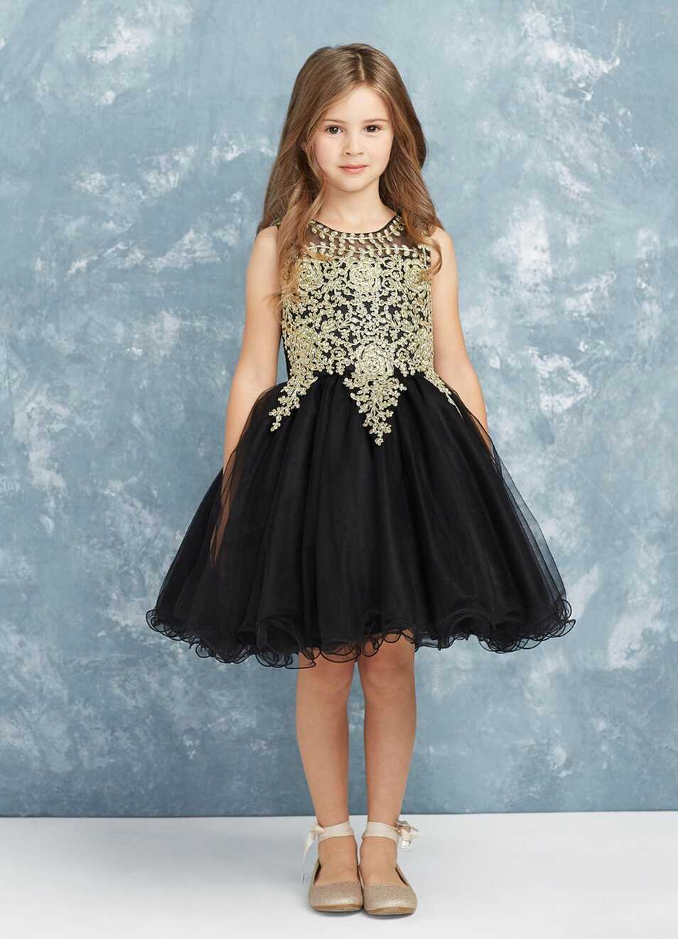 Short Flower Girl Dress with Gold Lace 7013B – Sparkly Gowns