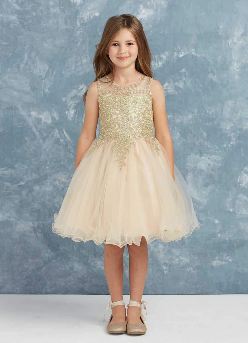 Short Flower Girl Dress with Gold Lace 7013CH – Sparkly Gowns