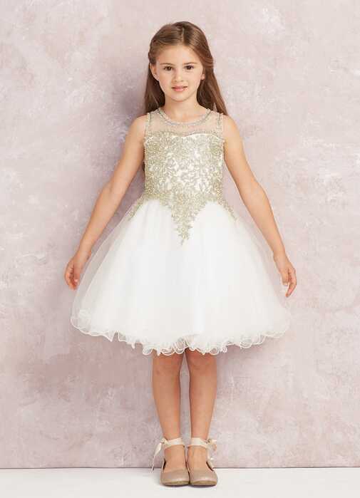 Short Flower Girl Dress with Gold Lace 7013IV – Sparkly Gowns