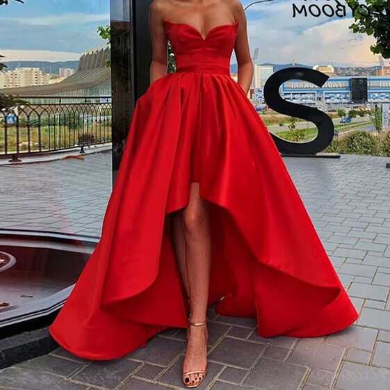 Short Front Long Back Red Simple Prom Dress A-Line Evening Gowns ...