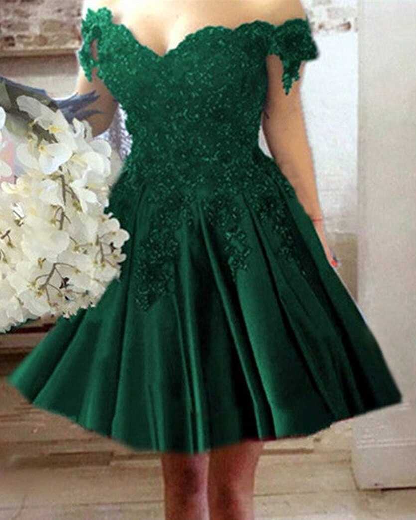 Short Green Satin Prom Dresses Off Shoulder With Lace Flowers ...