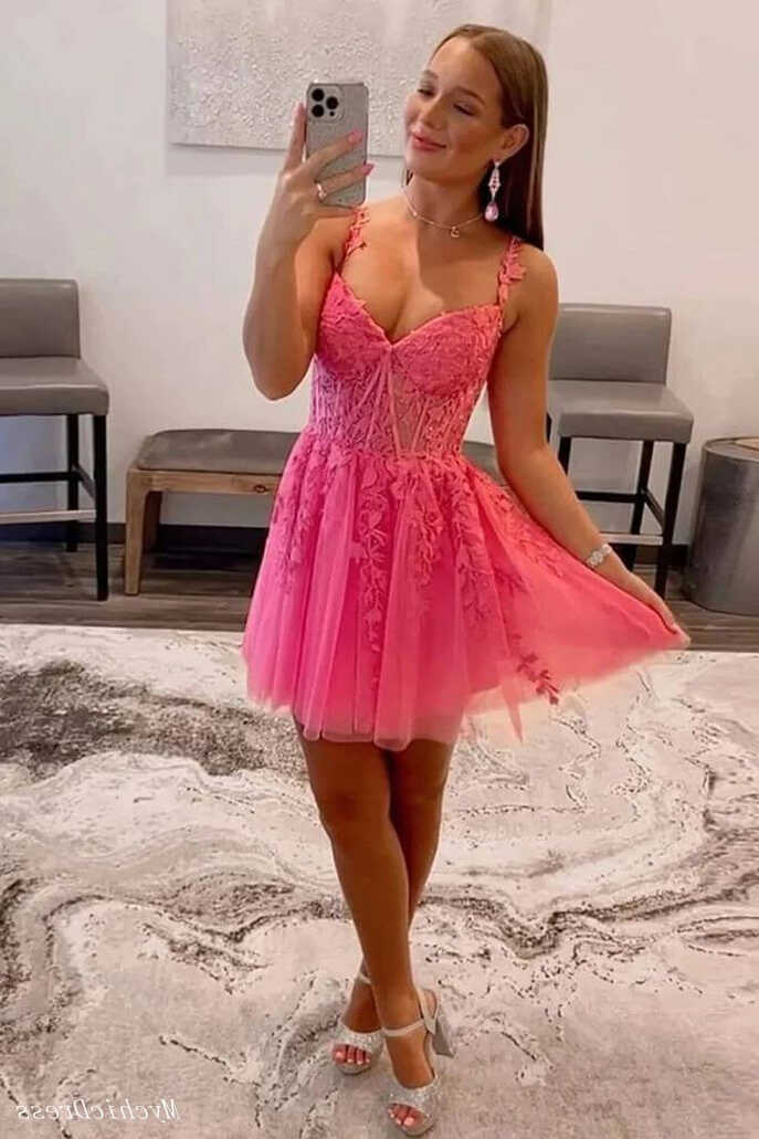 Short Hot Pink Lace Prom Dresses Off the Shoulder Homecoming ...