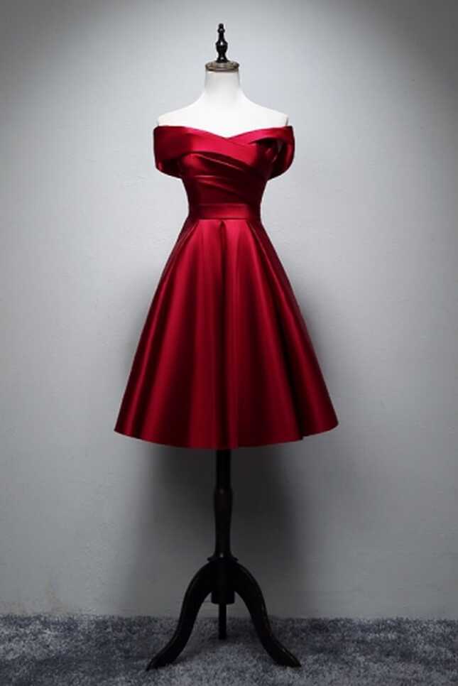 Short Knee Length Burgundy Satin Dress with Off Shoulder