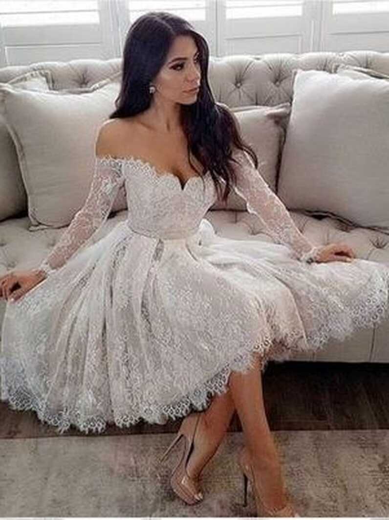 Short Lace Off Shoulders Wedding Dress Short Prom Dress with Sleeves