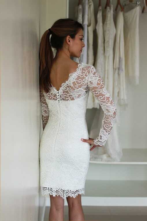 Short Lace Wedding Dress With Long Sleeves, Reception Lace Dress ...