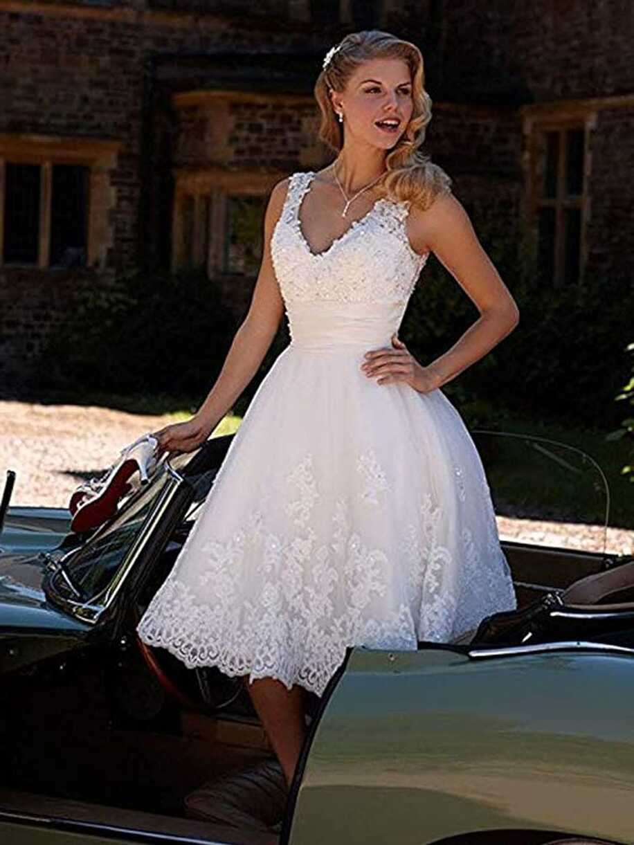 Short Lace Wedding Dresses Knee Length Travel Tulle Rhinestones V ...