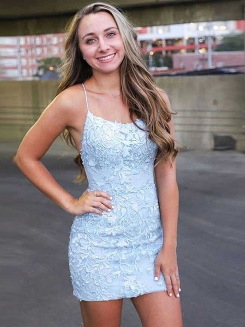 Short Light Blue Backless Lace Prom Dresses, Open Back Light Blue ...