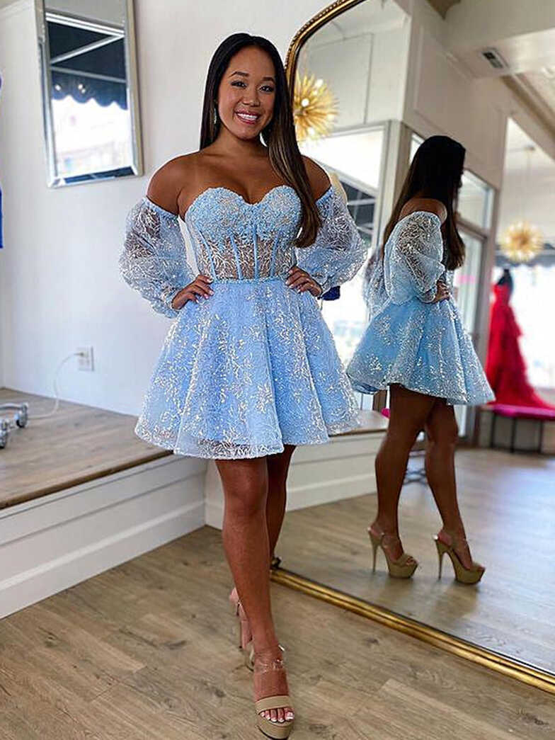 Short Light Blue Lace Prom Dresses, Light Blue Short Lace Formal ...