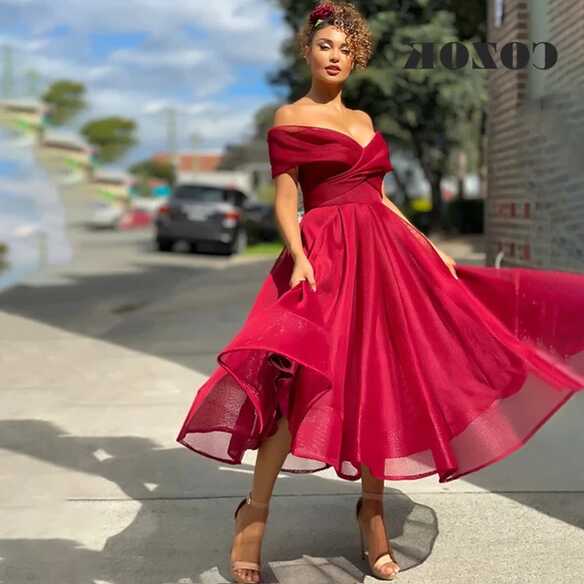 Short Off Shoulder Tea Length Evening Prom Dress V Neck A-line ...