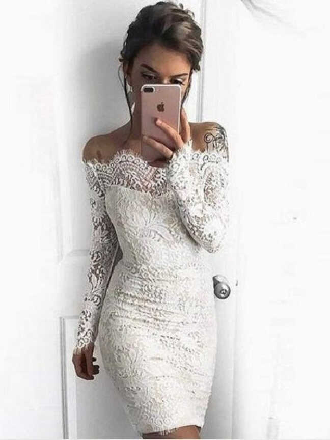 Short Off The Shoulder Lace Tight Bodycon White Prom Dress with ...